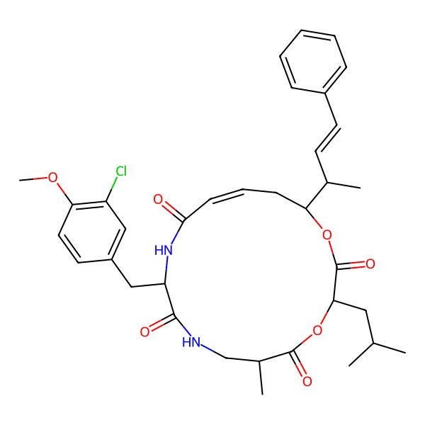 2D Structure of 10-[(3-Chloro-4-methoxyphenyl)methyl]-6-methyl-3-(2-methylpropyl)-16-(4-phenylbut-3-en-2-yl)-1,4-dioxa-8,11-diazacyclohexadec-13-ene-2,5,9,12-tetrone