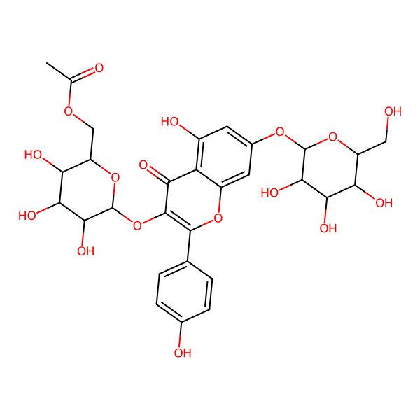 2D Structure of [(2R,3S,4S,5R,6S)-3,4,5-trihydroxy-6-[5-hydroxy-2-(4-hydroxyphenyl)-4-oxo-7-[(2S,3R,4S,5S,6R)-3,4,5-trihydroxy-6-(hydroxymethyl)oxan-2-yl]oxychromen-3-yl]oxyoxan-2-yl]methyl acetate
