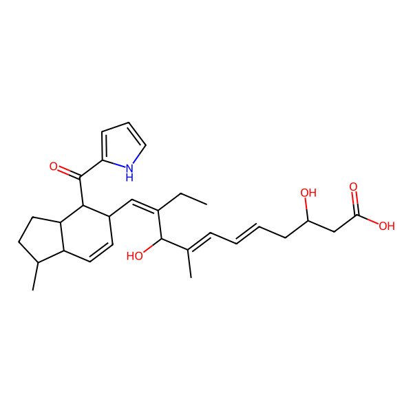 2D Structure of (5E,7E,10E)-10-[[(1S,3aR,4S,5S,7aS)-1-methyl-4-(1H-pyrrole-2-carbonyl)-2,3,3a,4,5,7a-hexahydro-1H-inden-5-yl]methylidene]-3,9-dihydroxy-8-methyldodeca-5,7-dienoic acid