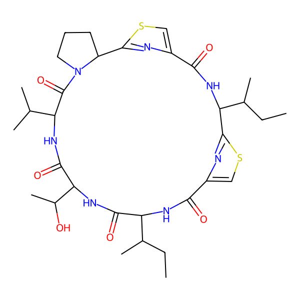2D Structure of (2S,8S,11S,14R,21R)-14,21-bis[(2S)-butan-2-yl]-11-[(1R)-1-hydroxyethyl]-8-propan-2-yl-19,26-dithia-6,9,12,15,22,27,28-heptazatetracyclo[22.2.1.117,20.02,6]octacosa-1(27),17,20(28),24-tetraene-7,10,13,16,23-pentone