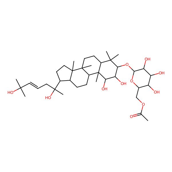 2D Structure of [(2R,3S,4S,5R,6R)-6-[[(1S,2R,3R,5S,8R,9S,10R,13R,14R,17S)-17-[(E,2R)-2,6-dihydroxy-6-methylhept-4-en-2-yl]-1,2-dihydroxy-4,4,8,10,14-pentamethyl-2,3,5,6,7,9,11,12,13,15,16,17-dodecahydro-1H-cyclopenta[a]phenanthren-3-yl]oxy]-3,4,5-trihydroxyoxan-2-yl]methyl acetate