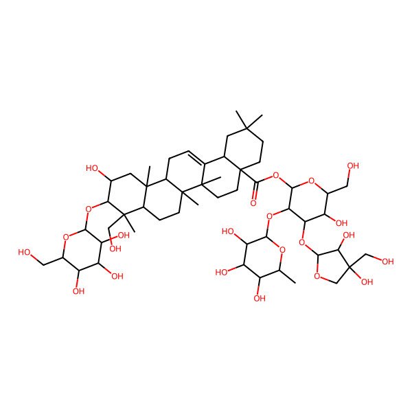 2D Structure of [(2S,3R,4S,5R,6R)-4-[(2S,3R,4R)-3,4-dihydroxy-4-(hydroxymethyl)oxolan-2-yl]oxy-5-hydroxy-6-(hydroxymethyl)-3-[(2S,3R,4R,5R,6S)-3,4,5-trihydroxy-6-methyloxan-2-yl]oxyoxan-2-yl] (4aS,6aR,6aS,6bR,8aR,9R,10R,11S,12aR,14bS)-11-hydroxy-9-(hydroxymethyl)-2,2,6a,6b,9,12a-hexamethyl-10-[(2R,3R,4S,5S,6R)-3,4,5-trihydroxy-6-(hydroxymethyl)oxan-2-yl]oxy-1,3,4,5,6,6a,7,8,8a,10,11,12,13,14b-tetradecahydropicene-4a-carboxylate