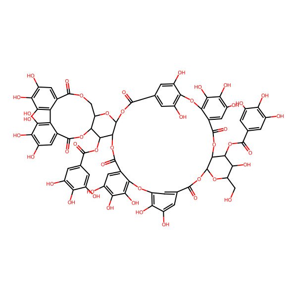 2D Structure of [(11R,14R,33S,35R,55S)-4,5,6,13,21,22,26,27,28,40,41,42,45,46,47,60,61-heptadecahydroxy-14-(hydroxymethyl)-9,18,31,37,50,57-hexaoxo-34-(3,4,5-trihydroxybenzoyl)oxy-2,10,15,17,24,32,36,51,54,56-decaoxadecacyclo[56.2.2.119,23.03,8.011,16.025,30.033,55.035,53.038,43.044,49]trihexaconta-1(60),3,5,7,19,21,23(63),25,27,29,38,40,42,44,46,48,58,61-octadecaen-12-yl] 3,4,5-trihydroxybenzoate