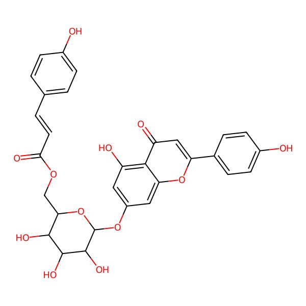 2D Structure of [3,4,5-Trihydroxy-6-[5-hydroxy-2-(4-hydroxyphenyl)-4-oxochromen-7-yl]oxyoxan-2-yl]methyl 3-(4-hydroxyphenyl)prop-2-enoate