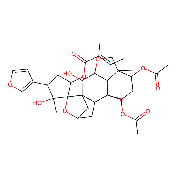 2D Structure of [(1R,1'S,2R,3'S,4S,4'S,6R,7S,8S,9R,12R,13R,15S,16R)-13,15-diacetyloxy-4'-(furan-3-yl)-3',8-dihydroxy-1,3',12-trimethylspiro[5,10-dioxapentacyclo[7.6.1.14,7.02,7.012,16]heptadecane-6,2'-cyclopentane]-1'-yl] (E)-2-methylbut-2-enoate