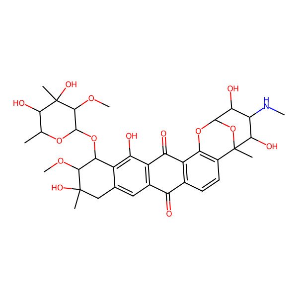2D Structure of (1S,11R,12R,13R,21S,22S,23R,24S)-13-(4,5-dihydroxy-3-methoxy-4,6-dimethyloxan-2-yl)oxy-11,15,22,24-tetrahydroxy-12-methoxy-1,11-dimethyl-23-(methylamino)-20,25-dioxahexacyclo[19.3.1.02,19.05,18.07,16.09,14]pentacosa-2(19),3,5(18),7(16),8,14-hexaene-6,17-dione