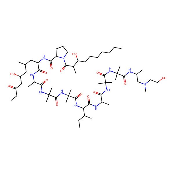 2D Structure of (2S)-N-[(2S,4S,6S)-6-hydroxy-1-[[(2S)-1-[[1-[[1-[[(2S,3S)-1-[[(2S)-1-[[1-[[1-[[(2S)-1-[2-hydroxyethyl(methyl)amino]propan-2-yl]amino]-2-methyl-1-oxopropan-2-yl]amino]-2-methyl-1-oxopropan-2-yl]amino]-1-oxopropan-2-yl]amino]-3-methyl-1-oxopentan-2-yl]amino]-2-methyl-1-oxopropan-2-yl]amino]-2-methyl-1-oxopropan-2-yl]amino]-1-oxopropan-2-yl]amino]-4-methyl-1,8-dioxodecan-2-yl]-1-[(2S,3S)-3-hydroxy-2-methyldecanoyl]pyrrolidine-2-carboxamide