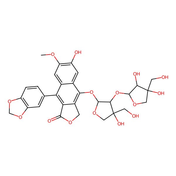2D Structure of 4-(1,3-benzodioxol-5-yl)-9-[3-[3,4-dihydroxy-4-(hydroxymethyl)oxolan-2-yl]oxy-4-hydroxy-4-(hydroxymethyl)oxolan-2-yl]oxy-7-hydroxy-6-methoxy-1H-benzo[f][2]benzofuran-3-one
