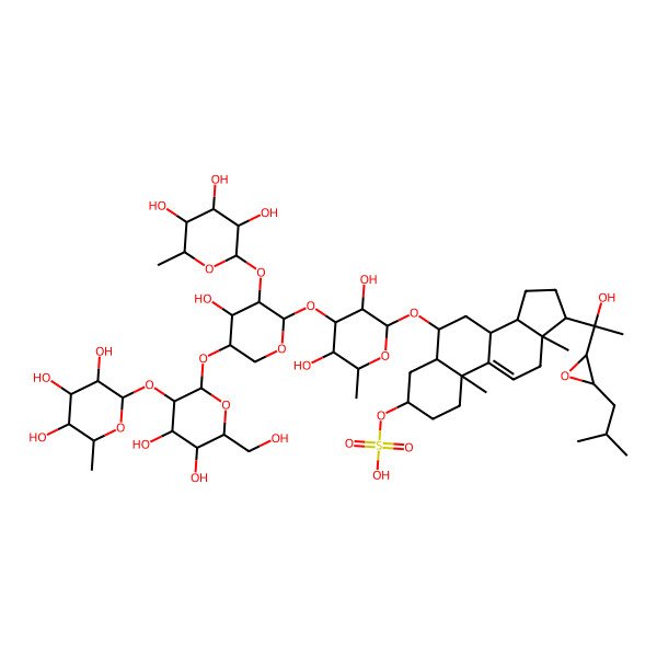 2D Structure of [(3S,5S,6S,8S,10S,13S,14S,17S)-6-[(2R,3R,4S,5R,6R)-4-[(2S,3R,4S,5R)-5-[(2S,3R,4S,5R,6R)-4,5-dihydroxy-6-(hydroxymethyl)-3-[(2S,3R,4S,5S,6R)-3,4,5-trihydroxy-6-methyloxan-2-yl]oxyoxan-2-yl]oxy-4-hydroxy-3-[(2R,3S,4R,5R,6S)-3,4,5-trihydroxy-6-methyloxan-2-yl]oxyoxan-2-yl]oxy-3,5-dihydroxy-6-methyloxan-2-yl]oxy-17-[(1S)-1-hydroxy-1-[(2R,3S)-3-(2-methylpropyl)oxiran-2-yl]ethyl]-10,13-dimethyl-2,3,4,5,6,7,8,12,14,15,16,17-dodecahydro-1H-cyclopenta[a]phenanthren-3-yl] hydrogen sulfate
