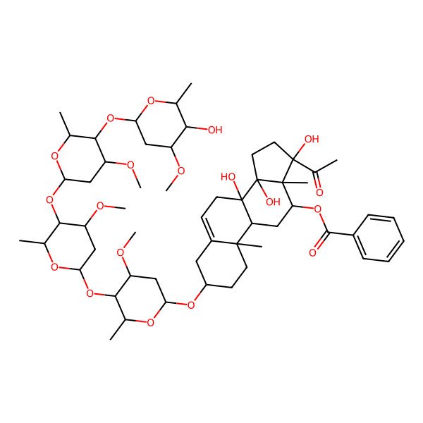 2D Structure of [(3S,8S,9R,10R,12R,13S,14R,17S)-17-acetyl-8,14,17-trihydroxy-3-[(2R,4S,5R,6R)-5-[(2S,4S,5R,6R)-5-[(2S,4R,5R,6R)-5-[(2S,4R,5S,6S)-5-hydroxy-4-methoxy-6-methyloxan-2-yl]oxy-4-methoxy-6-methyloxan-2-yl]oxy-4-methoxy-6-methyloxan-2-yl]oxy-4-methoxy-6-methyloxan-2-yl]oxy-10,13-dimethyl-1,2,3,4,7,9,11,12,15,16-decahydrocyclopenta[a]phenanthren-12-yl] benzoate