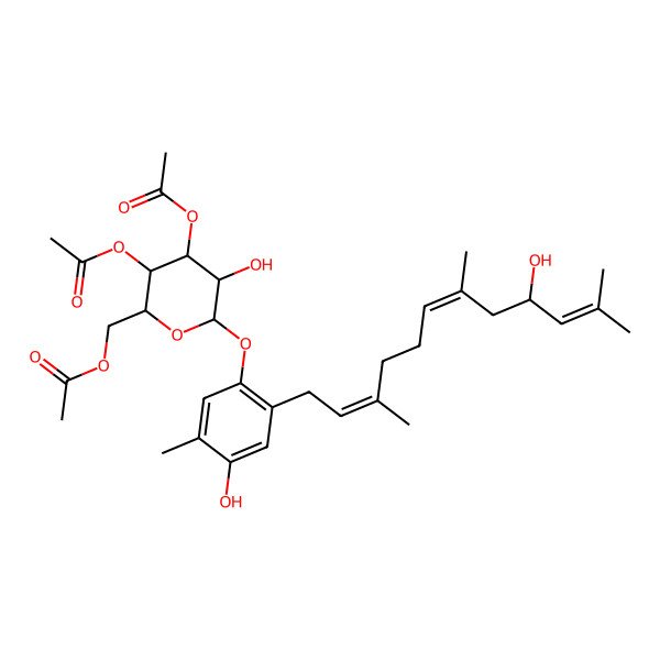 2D Structure of [(2R,3R,4S,5S,6R)-3,4-diacetyloxy-5-hydroxy-6-[4-hydroxy-2-[(2E,6E,9S)-9-hydroxy-3,7,11-trimethyldodeca-2,6,10-trienyl]-5-methylphenoxy]oxan-2-yl]methyl acetate