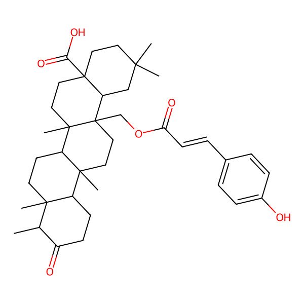 2D Structure of 14a-[3-(4-hydroxyphenyl)prop-2-enoyloxymethyl]-2,2,6a,6a,8a,9-hexamethyl-10-oxo-3,4,5,6,6b,7,8,9,11,12,12a,13,14,14b-tetradecahydro-1H-picene-4a-carboxylic acid