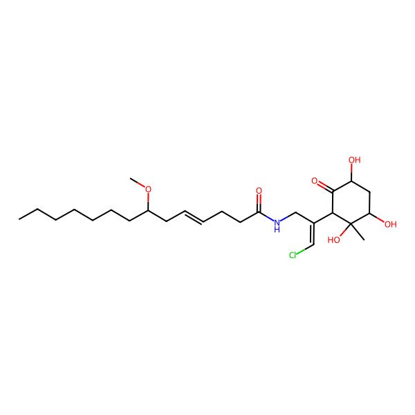2D Structure of (E,7S)-N-[(E)-3-chloro-2-[(1S,2R,3S,5R)-2,3,5-trihydroxy-2-methyl-6-oxocyclohexyl]prop-2-enyl]-7-methoxytetradec-4-enamide