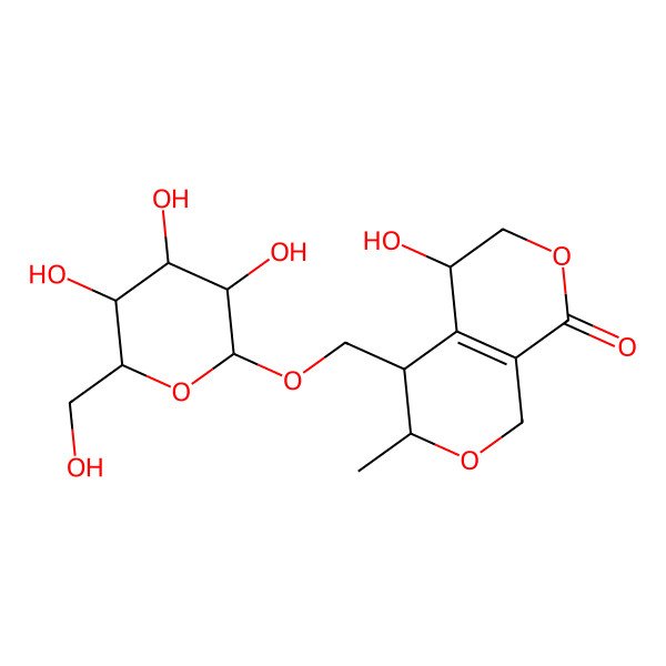 2D Structure of 5-hydroxy-3-methyl-4-[[3,4,5-trihydroxy-6-(hydroxymethyl)oxan-2-yl]oxymethyl]-3,4,5,6-tetrahydro-1H-pyrano[3,4-c]pyran-8-one