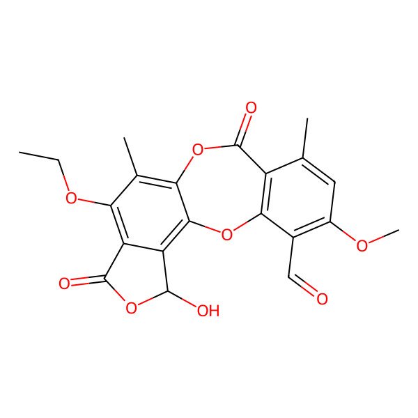 2D Structure of 13-Ethoxy-17-hydroxy-5-methoxy-7,12-dimethyl-9,15-dioxo-2,10,16-trioxatetracyclo[9.7.0.03,8.014,18]octadeca-1(18),3(8),4,6,11,13-hexaene-4-carbaldehyde