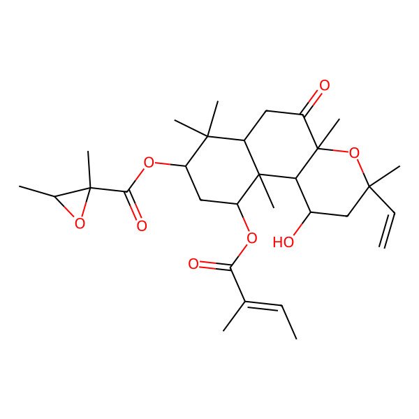 2D Structure of [3-Ethenyl-1-hydroxy-3,4a,7,7,10a-pentamethyl-10-(2-methylbut-2-enoyloxy)-5-oxo-1,2,6,6a,8,9,10,10b-octahydrobenzo[f]chromen-8-yl] 2,3-dimethyloxirane-2-carboxylate