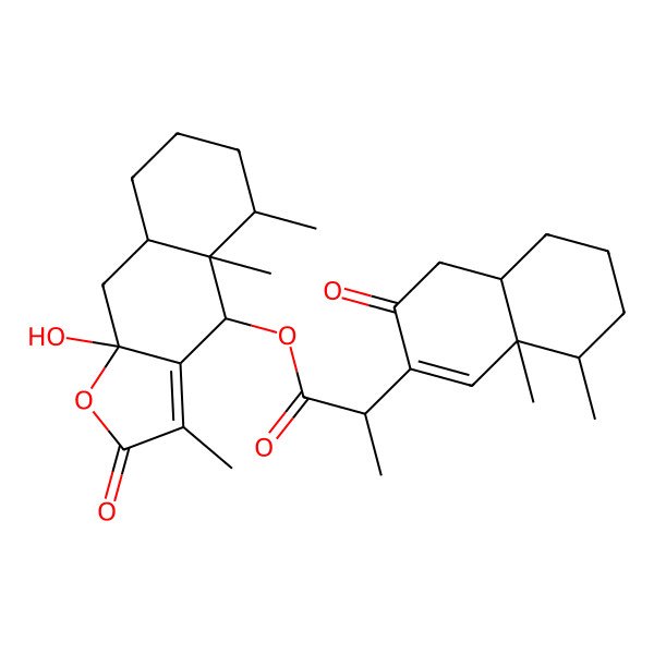 2D Structure of [(4S,4aR,5S,8aR,9aS)-9a-hydroxy-3,4a,5-trimethyl-2-oxo-5,6,7,8,8a,9-hexahydro-4H-benzo[f][1]benzofuran-4-yl] (2R)-2-[(4aR,8S,8aR)-8,8a-dimethyl-3-oxo-4,4a,5,6,7,8-hexahydronaphthalen-2-yl]propanoate