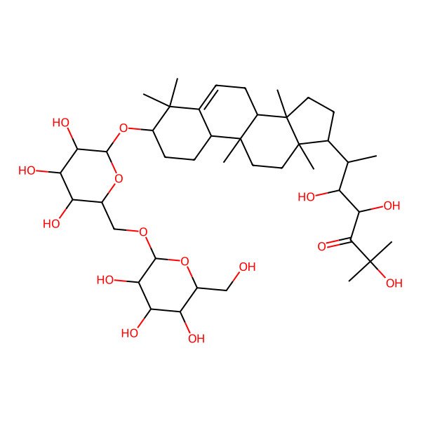 2D Structure of 19-Norlanost-5-en-24-one, 3-[(6-O-beta-D-glucopyranosyl-beta-D-glucopyranosyl)oxy]-22,23,25-trihydroxy-9-methyl-, (3beta,9beta,10alpha,22S,23R)-