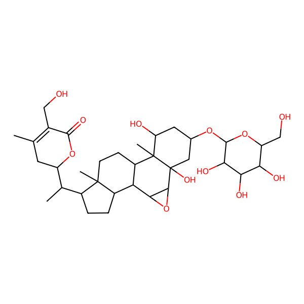 2D Structure of 2-[1-[5,9-Dihydroxy-10,14-dimethyl-7-[3,4,5-trihydroxy-6-(hydroxymethyl)oxan-2-yl]oxy-3-oxapentacyclo[9.7.0.02,4.05,10.014,18]octadecan-15-yl]ethyl]-5-(hydroxymethyl)-4-methyl-2,3-dihydropyran-6-one