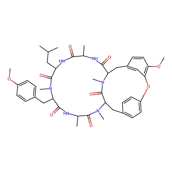 2D Structure of 24-Methoxy-10-[(4-methoxyphenyl)methyl]-4,9,13,15,29-pentamethyl-7-(2-methylpropyl)-22-oxa-3,6,9,12,15,29-hexazatetracyclo[14.12.2.218,21.123,27]tritriaconta-18,20,23,25,27(31),32-hexaene-2,5,8,11,14,30-hexone