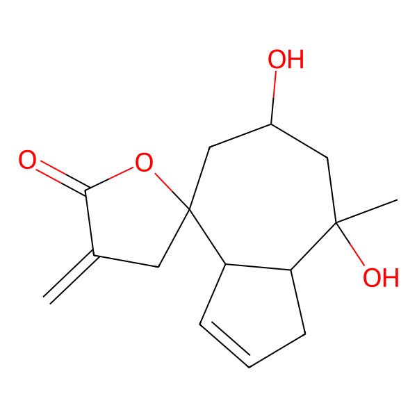 2D Structure of (3aS,4S,6S,8S,8aS)-6,8-dihydroxy-8-methyl-3'-methylidenespiro[1,3a,5,6,7,8a-hexahydroazulene-4,5'-oxolane]-2'-one