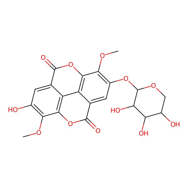 2D Structure of 6-hydroxy-7,14-dimethoxy-13-[(2R,3R,4S,5R)-3,4,5-trihydroxyoxan-2-yl]oxy-2,9-dioxatetracyclo[6.6.2.04,16.011,15]hexadeca-1(15),4,6,8(16),11,13-hexaene-3,10-dione
