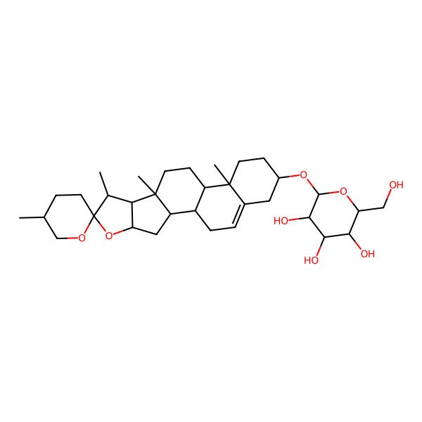 2D Structure of (2R,3S,4S,5R,6S)-2-(hydroxymethyl)-6-[(1S,2R,4S,5'R,6R,7S,8R,9S,12R,13R,16S)-5',7,9,13-tetramethylspiro[5-oxapentacyclo[10.8.0.02,9.04,8.013,18]icos-18-ene-6,2'-oxane]-16-yl]oxyoxane-3,4,5-triol