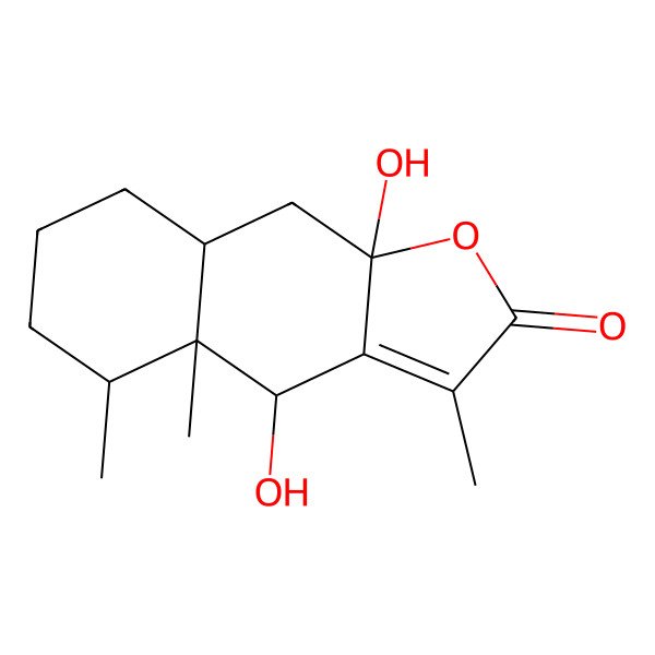 2D Structure of (6beta,8betaOH)-6,8-Dihydroxy-7(11)-eremophilen-12,8-olide