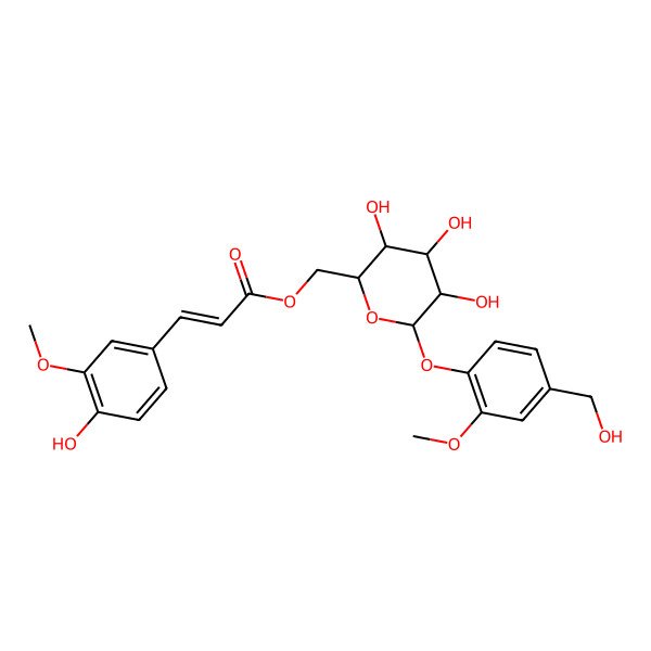 2D Structure of [(3R,4S,5S)-3,4,5-trihydroxy-6-[4-(hydroxymethyl)-2-methoxyphenoxy]oxan-2-yl]methyl (E)-3-(4-hydroxy-3-methoxyphenyl)prop-2-enoate