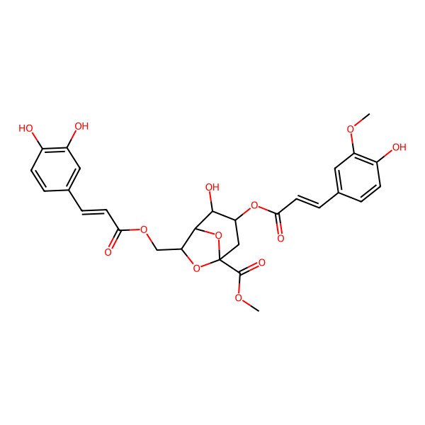 2D Structure of Methyl 7-[3-(3,4-dihydroxyphenyl)prop-2-enoyloxymethyl]-2-hydroxy-3-[3-(4-hydroxy-3-methoxyphenyl)prop-2-enoyloxy]-6,8-dioxabicyclo[3.2.1]octane-5-carboxylate