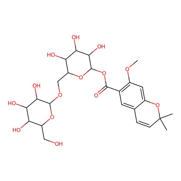 2D Structure of 3,4,5-Trihydroxy-6-({[3,4,5-trihydroxy-6-(hydroxymethyl)oxan-2-yl]oxy}methyl)oxan-2-yl 7-methoxy-2,2-dimethylchromene-6-carboxylate
