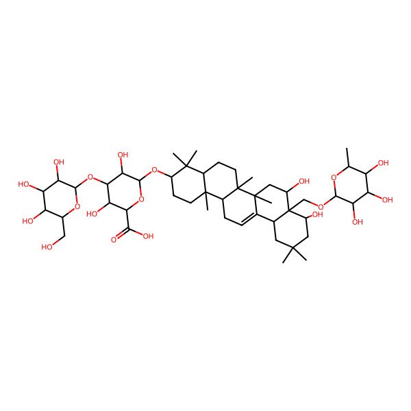 2D Structure of (2S,3S,4S,5R,6R)-6-[[(3S,4aR,6aR,6bS,8S,8aS,9S,12aS,14aR,14bR)-8,9-dihydroxy-4,4,6a,6b,11,11,14b-heptamethyl-8a-[[(2R,3R,4R,5R,6S)-3,4,5-trihydroxy-6-methyloxan-2-yl]oxymethyl]-1,2,3,4a,5,6,7,8,9,10,12,12a,14,14a-tetradecahydropicen-3-yl]oxy]-3,5-dihydroxy-4-[(2S,3R,4S,5S,6R)-3,4,5-trihydroxy-6-(hydroxymethyl)oxan-2-yl]oxyoxane-2-carboxylic acid