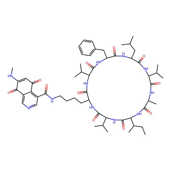 2D Structure of N-[4-[8-benzyl-20-butan-2-yl-17-methyl-11-(2-methylpropyl)-3,6,9,12,15,18,21,24-octaoxo-5,14,23-tri(propan-2-yl)-1,4,7,10,13,16,19,22-octazacyclotetracos-2-yl]butyl]-7-(methylamino)-5,8-dioxoisoquinoline-4-carboxamide
