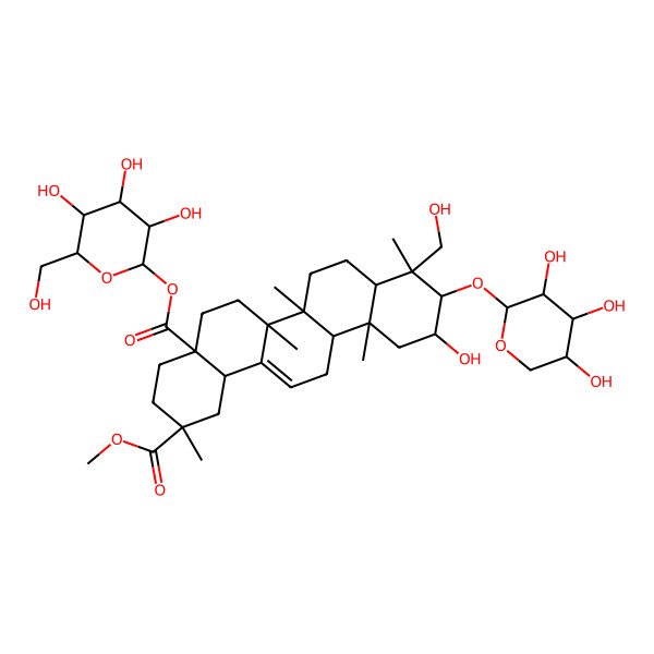 2D Structure of 2-O-methyl 4a-O-[3,4,5-trihydroxy-6-(hydroxymethyl)oxan-2-yl] 11-hydroxy-9-(hydroxymethyl)-2,6a,6b,9,12a-pentamethyl-10-(3,4,5-trihydroxyoxan-2-yl)oxy-1,3,4,5,6,6a,7,8,8a,10,11,12,13,14b-tetradecahydropicene-2,4a-dicarboxylate