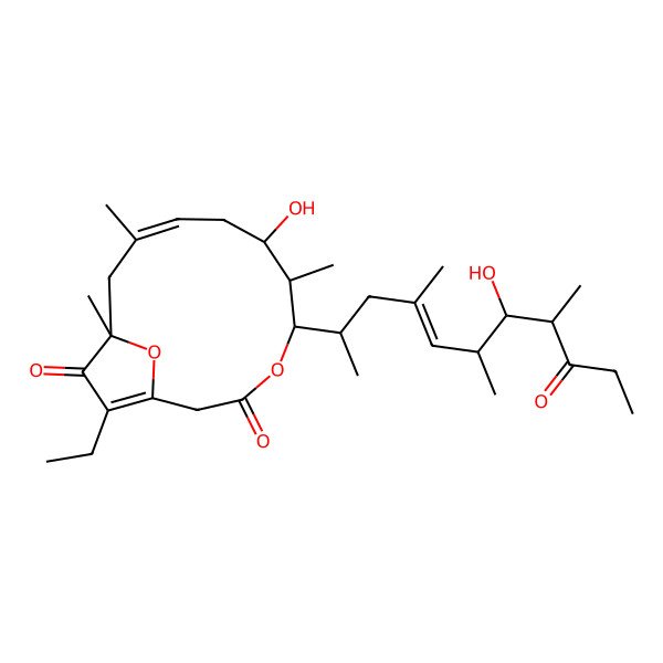2D Structure of 14-Ethyl-7-hydroxy-5-(7-hydroxy-4,6,8-trimethyl-9-oxoundec-4-en-2-yl)-6,10,12-trimethyl-4,15-dioxabicyclo[10.2.1]pentadeca-1(14),9-diene-3,13-dione