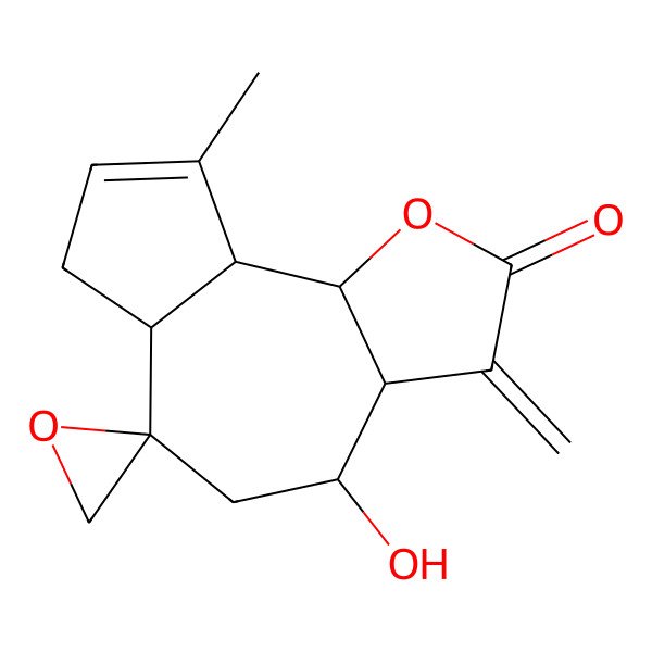 2D Structure of 4-hydroxy-9-methyl-3-methylidenespiro[4,5,6a,7,9a,9b-hexahydro-3aH-azuleno[4,5-b]furan-6,2'-oxirane]-2-one