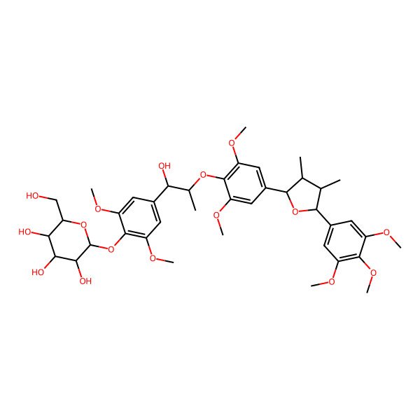2D Structure of 2alpha-(3,4,5-Trimethoxyphenyl)-3alpha,4beta-dimethyl-5alpha-[4-[[(alphaS,betaR)-alpha-methyl-beta-hydroxy-3,5-dimethoxy-4-(beta-D-glucopyranosyloxy)phenethyl]oxy]-3,5-dimethoxyphenyl]tetrahydrofuran