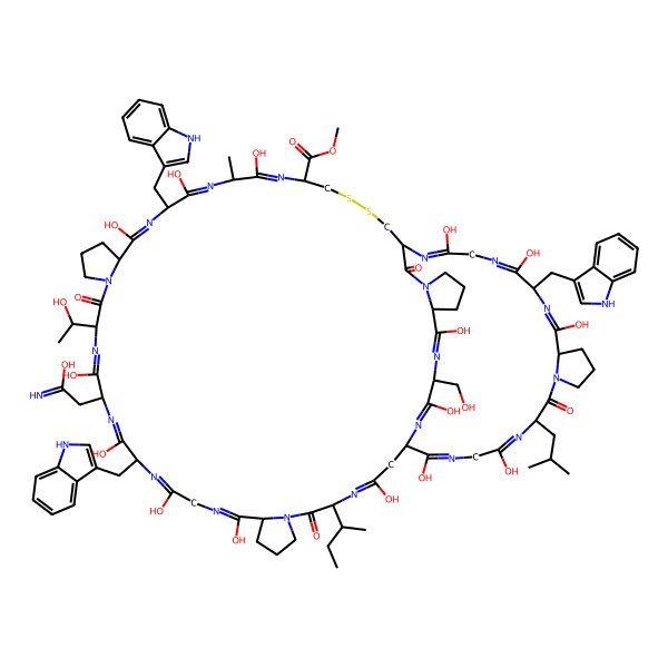 2D Structure of 2-[(1S,5S,11S,17S,20S,23S,29S,32S,35S,38R,43R,49S,52S,58S,66S,69S)-5-[(2S)-butan-2-yl]-3,12,15,18,21,30,33,36,45,48,51,60,63,65,68-pentadecahydroxy-23-[(1R)-1-hydroxyethyl]-66-(hydroxymethyl)-17,32,49-tris(1H-indol-3-ylmethyl)-38-methoxycarbonyl-35-methyl-58-(2-methylpropyl)-6,24,57,74-tetraoxo-40,41-dithia-4,7,13,16,19,22,25,31,34,37,44,47,50,56,59,62,64,67,73-nonadecazahexacyclo[41.20.11.07,11.025,29.052,56.069,73]tetraheptaconta-3,12,15,18,21,30,33,36,44,47,50,59,62,64,67-pentadecaen-20-yl]ethanimidic acid