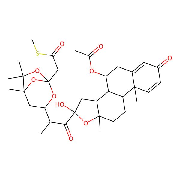 2D Structure of [(3aS,3bR,4R,9aR,9bS,11aR)-2-hydroxy-9a,11a-dimethyl-7-oxo-2-[2-[(1S,3R,5R)-5,6,6-trimethyl-1-(2-methylsulfanyl-2-oxoethyl)-2,7,8-trioxabicyclo[3.2.1]octan-3-yl]propanoyl]-3,3a,3b,4,5,9b,10,11-octahydronaphtho[2,1-e][1]benzofuran-4-yl] acetate