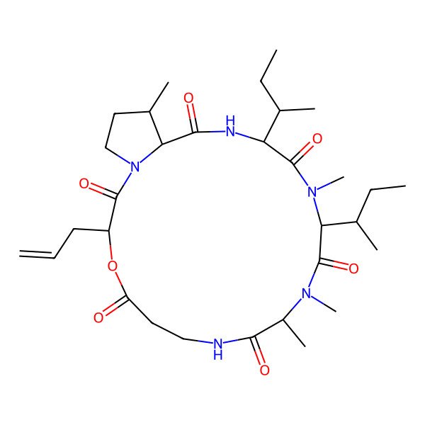2D Structure of 13,16-Di(butan-2-yl)-10,11,14,20-tetramethyl-3-prop-2-enyl-4-oxa-1,8,11,14,17-pentazabicyclo[17.3.0]docosane-2,5,9,12,15,18-hexone
