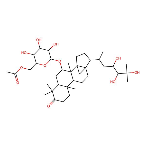 2D Structure of [3,4,5-Trihydroxy-6-[[2,6,6,10-tetramethyl-7-oxo-15-(4,5,6-trihydroxy-6-methylheptan-2-yl)-3-pentacyclo[12.3.1.01,14.02,11.05,10]octadecanyl]oxy]oxan-2-yl]methyl acetate