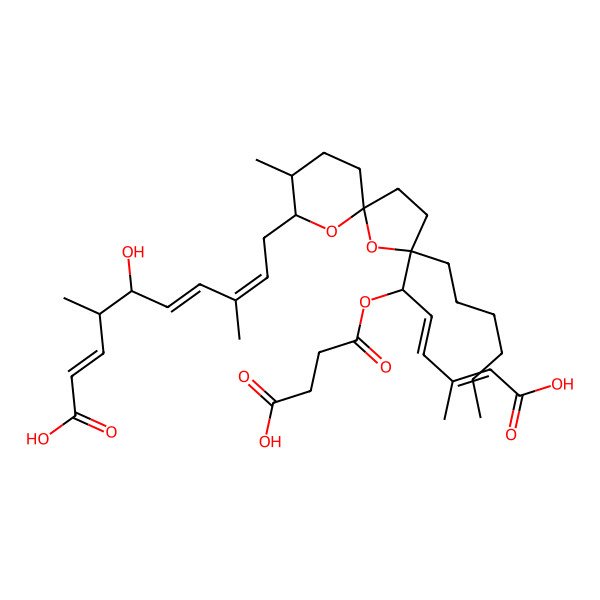 2D Structure of 10-[2-[5-Carboxy-1-(3-carboxypropanoyloxy)-4-methylpenta-2,4-dienyl]-2-hexyl-8-methyl-1,10-dioxaspiro[4.5]decan-9-yl]-5-hydroxy-4,8-dimethyldeca-2,6,8-trienoic acid