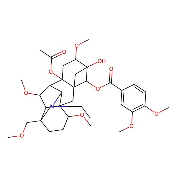 2D Structure of [(1S,2S,3S,4R,5R,6S,8S,9R,10R,13S,16S,17R,18R)-8-acetyloxy-11-ethyl-5-hydroxy-6,16,18-trimethoxy-13-(methoxymethyl)-11-azahexacyclo[7.7.2.12,5.01,10.03,8.013,17]nonadecan-4-yl] 3,4-dimethoxybenzoate
