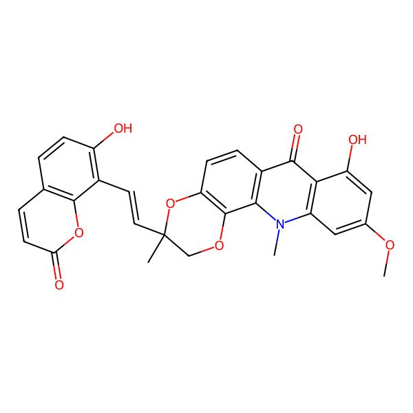2D Structure of 8-hydroxy-3-[2-(7-hydroxy-2-oxochromen-8-yl)ethenyl]-10-methoxy-3,12-dimethyl-2H-[1,4]dioxino[2,3-c]acridin-7-one