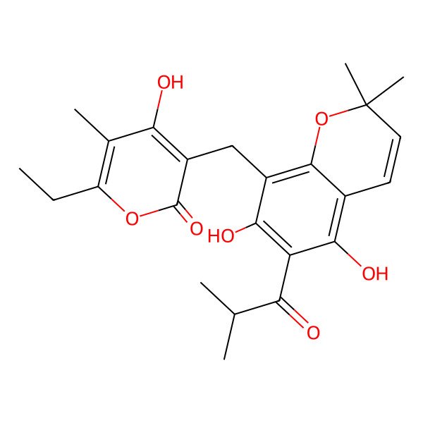 2D Structure of 3-[[5,7-Dihydroxy-2,2-dimethyl-6-(2-methyl-1-oxopropyl)-2 h-1-benzopyran-8-yl]-methyl]-6-ethyl-4-hydroxy-5-methyl-2 h-pyran-2-one