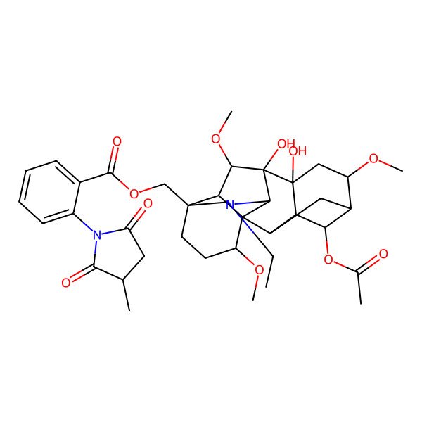 2D Structure of [(1S,2R,3R,4S,5R,6S,8R,9S,10S,13S,16S,17R,18S)-4-acetyloxy-11-ethyl-8,9-dihydroxy-6,16,18-trimethoxy-11-azahexacyclo[7.7.2.12,5.01,10.03,8.013,17]nonadecan-13-yl]methyl 2-[(3S)-3-methyl-2,5-dioxopyrrolidin-1-yl]benzoate