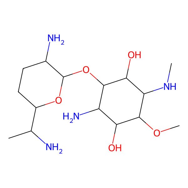 2D Structure of (1S,2R,3R,4S,5S,6R)-2-amino-3-[(2S,3R,6S)-3-amino-6-[(1S)-1-aminoethyl]oxan-2-yl]oxy-6-methoxy-5-(methylamino)cyclohexane-1,4-diol