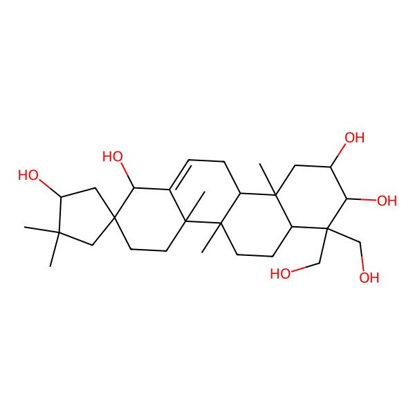2D Structure of (1S,1'S,2S,4aS,4bR,6aR,8S,9R,10aR,10bR)-7,7-bis(hydroxymethyl)-2',2',4a,4b,10a-pentamethylspiro[3,4,5,6,6a,8,9,10,10b,11-decahydro-1H-chrysene-2,4'-cyclopentane]-1,1',8,9-tetrol