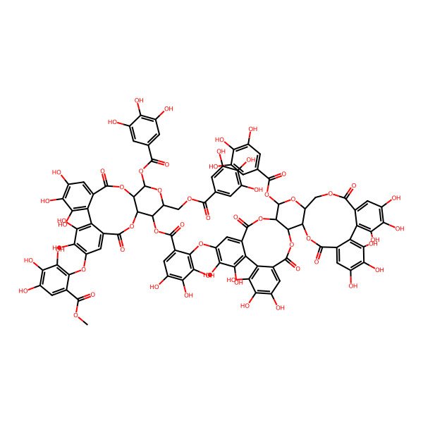 2D Structure of methyl 3,4,5-trihydroxy-2-[[(10R,11S,13R,14R,15S)-3,4,5,21,22-pentahydroxy-8,17-dioxo-11-(3,4,5-trihydroxybenzoyl)oxy-13-[(3,4,5-trihydroxybenzoyl)oxymethyl]-14-[3,4,5-trihydroxy-2-[[(1R,2S,19R,20S,22R)-7,8,9,12,13,28,29,30,33,34,35-undecahydroxy-4,17,25,38-tetraoxo-20-(3,4,5-trihydroxybenzoyl)oxy-3,18,21,24,39-pentaoxaheptacyclo[20.17.0.02,19.05,10.011,16.026,31.032,37]nonatriaconta-5,7,9,11,13,15,26,28,30,32,34,36-dodecaen-14-yl]oxy]benzoyl]oxy-9,12,16-trioxatetracyclo[16.4.0.02,7.010,15]docosa-1(22),2,4,6,18,20-hexaen-20-yl]oxy]benzoate