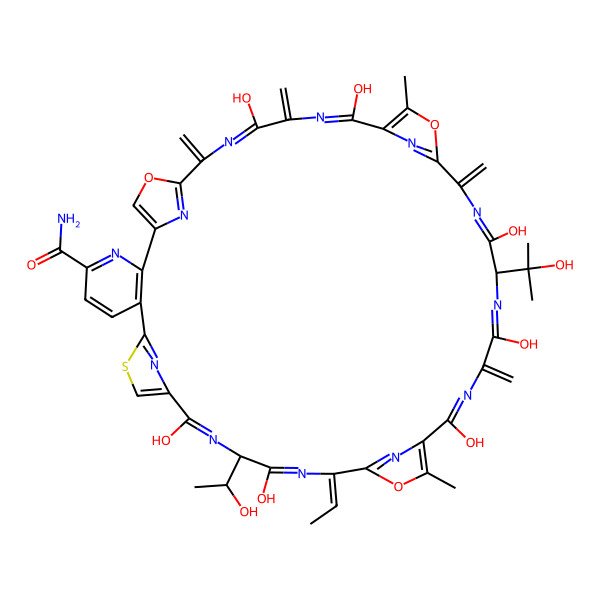 2D Structure of (14R,17Z,27S)-17-ethylidene-12,15,22,25,28,35,38-heptahydroxy-14-[(1R)-1-hydroxyethyl]-27-(2-hydroxypropan-2-yl)-20,33-dimethyl-24,30,37,40-tetramethylidene-19,32,42-trioxa-9-thia-3,13,16,23,26,29,36,39,44,45,46,47-dodecazahexacyclo[39.2.1.18,11.118,21.131,34.02,7]heptatetraconta-1(43),2(7),3,5,8(47),10,12,15,18(46),20,22,25,28,31(45),33,35,38,41(44)-octadecaene-4-carboxamide